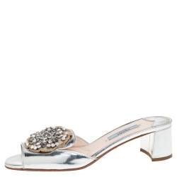 Pre Owned Prada Silver Patent Leather Embellished Block Heel Slide Sandals Size 36