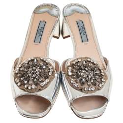 Pre Owned Prada Silver Patent Leather Embellished Block Heel Slide Sandals Size 36