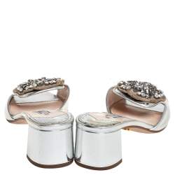 Pre Owned Prada Silver Patent Leather Embellished Block Heel Slide Sandals Size 36