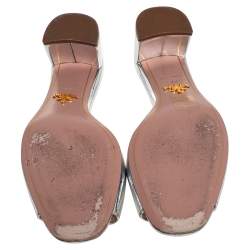 Pre Owned Prada Silver Patent Leather Embellished Block Heel Slide Sandals Size 36