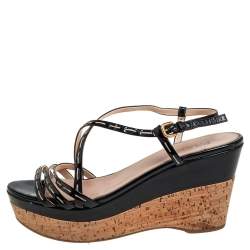 Pre Owned Prada Black Patent Leather Strappy Wedge Sandals Size 40.5