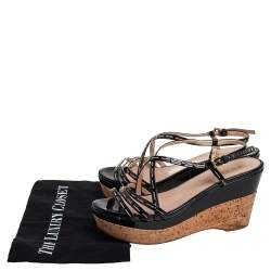 Pre Owned Prada Black Patent Leather Strappy Wedge Sandals Size 40.5