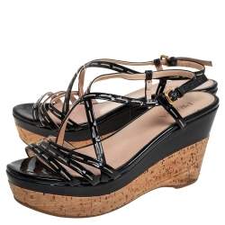 Pre Owned Prada Black Patent Leather Strappy Wedge Sandals Size 40.5