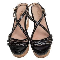Pre Owned Prada Black Patent Leather Strappy Wedge Sandals Size 40.5