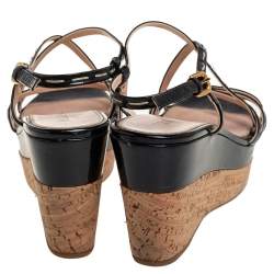 Pre Owned Prada Black Patent Leather Strappy Wedge Sandals Size 40.5