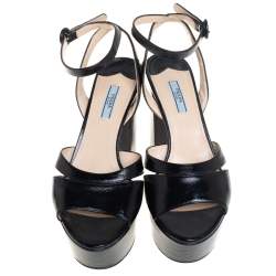 Pre Owned Prada Black Patent Leather Platform Block Heel Ankle Strap Sandals Size 42
