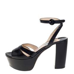 Pre Owned Prada Black Patent Leather Platform Block Heel Ankle Strap Sandals Size 42