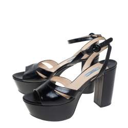 Pre Owned Prada Black Patent Leather Platform Block Heel Ankle Strap Sandals Size 42
