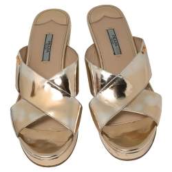 Pre Owned Prada Gold Foil Leather Cross Strap Wedge Sandals Size 39