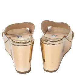 Pre Owned Prada Gold Foil Leather Cross Strap Wedge Sandals Size 39