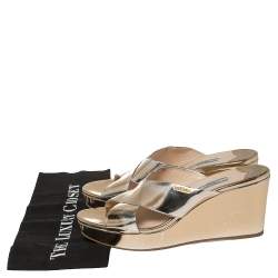 Pre Owned Prada Gold Foil Leather Cross Strap Wedge Sandals Size 39