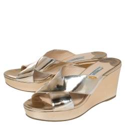 Pre Owned Prada Gold Foil Leather Cross Strap Wedge Sandals Size 39