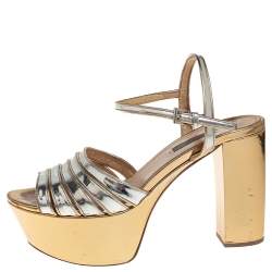 Prada Silver/Gold Leather Open Toe Ankle Strap Platform Sandals Size 41