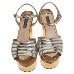 Prada Silver/Gold Leather Open Toe Ankle Strap Platform Sandals Size 41