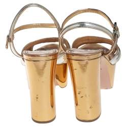 Prada Silver/Gold Leather Open Toe Ankle Strap Platform Sandals Size 41