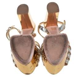 Prada Silver/Gold Leather Open Toe Ankle Strap Platform Sandals Size 41
