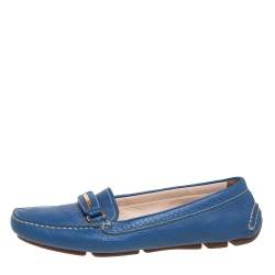 Pre Owned Prada Blue Leather Slip on Loafers Size 36.5