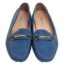 Pre Owned Prada Blue Leather Slip on Loafers Size 36.5