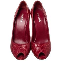 Prada Red Embossed Leather Peep Toe Pumps Size 40
