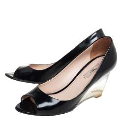 Pre Owned Prada Black Leather Transparent Wedge Peep Toe Pumps Size 37