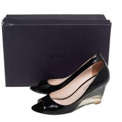 Pre Owned Prada Black Leather Transparent Wedge Peep Toe Pumps Size 37