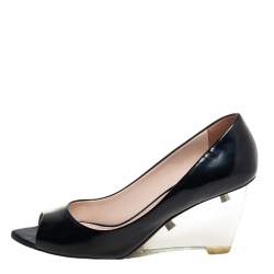 Pre Owned Prada Black Leather Transparent Wedge Peep Toe Pumps Size 37