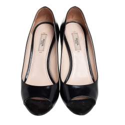 Pre Owned Prada Black Leather Transparent Wedge Peep Toe Pumps Size 37