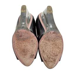 Pre Owned Prada Black Leather Transparent Wedge Peep Toe Pumps Size 37