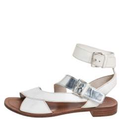 Prada White/Silver Leather Flat Ankle Strap Sandals Size 37