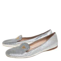 Pre Owned Prada Silver Glitter Logo Embellished Smoking Slippers Size 40