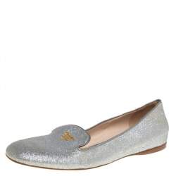Pre Owned Prada Silver Glitter Logo Embellished Smoking Slippers Size 40