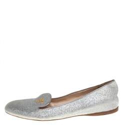 Pre Owned Prada Silver Glitter Logo Embellished Smoking Slippers Size 40