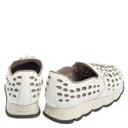 Pre Owned Prada White Laser Cut Leather Crystal Embellished Slip On Sneakers Size 37