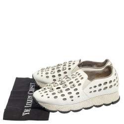 Pre Owned Prada White Laser Cut Leather Crystal Embellished Slip On Sneakers Size 37