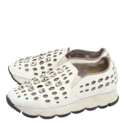 Pre Owned Prada White Laser Cut Leather Crystal Embellished Slip On Sneakers Size 37