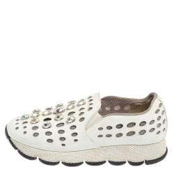 Pre Owned Prada White Laser Cut Leather Crystal Embellished Slip On Sneakers Size 37