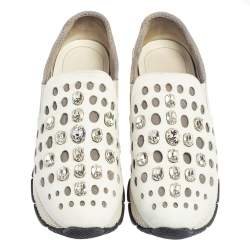 Pre Owned Prada White Laser Cut Leather Crystal Embellished Slip On Sneakers Size 37