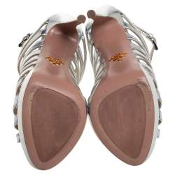 Pre Owned Prada Silver Leather Open Toe Ankle Strap Platform Sandals Size 37.5