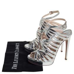 Pre Owned Prada Silver Leather Open Toe Ankle Strap Platform Sandals Size 37.5