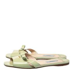 Pre Owned Prada Green Patent Leather Slide Sandals Size 37.5