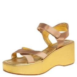 Pre Owned Prada Gold Leather Strappy Wedge Sandals Size 39