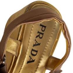 Pre Owned Prada Gold Leather Strappy Wedge Sandals Size 39