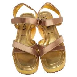 Pre Owned Prada Gold Leather Strappy Wedge Sandals Size 39