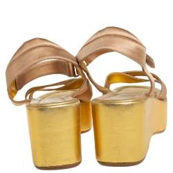 Pre Owned Prada Gold Leather Strappy Wedge Sandals Size 39