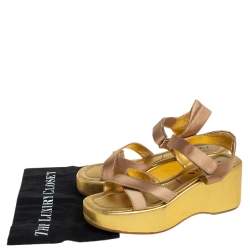 Pre Owned Prada Gold Leather Strappy Wedge Sandals Size 39