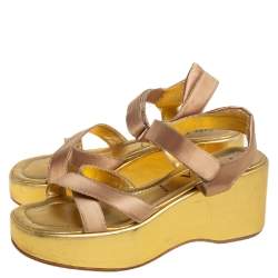 Pre Owned Prada Gold Leather Strappy Wedge Sandals Size 39