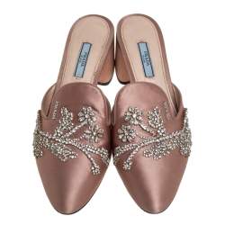 Pre Owned Prada Beige Satin Crystal Embellished Pointed Toe Mules Size 39