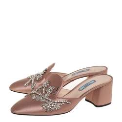 Pre Owned Prada Beige Satin Crystal Embellished Pointed Toe Mules Size 39