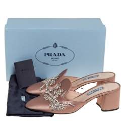 Pre Owned Prada Beige Satin Crystal Embellished Pointed Toe Mules Size 39