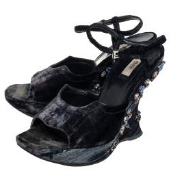 Pre Owned Prada Black Velvet Crystal Embellished Wedge Ankle Strap Sandals Size 37.5